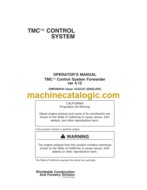Timberjack OMF069434 TMC Control System Operators Manual