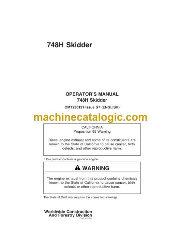 John Deere 748H Skidder Operators Manual (OMT230121)