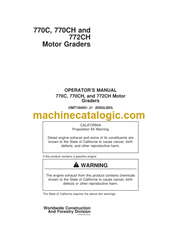 John Deere 770C 770CH and 772CH Motor Graders Operators Manual (OMT184951)