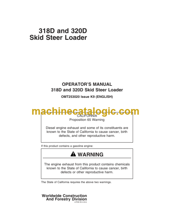 John Deere 318D and 320D Skid Steer Loader Operators Manual (OMT253020)