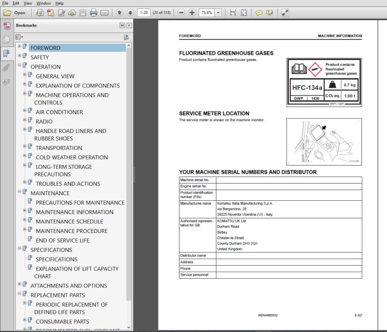PC88MR-11E0 Hydraulic Excavator Operator's manual, maintenance manual Index