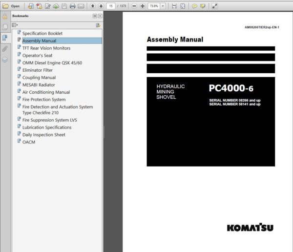 PC4000-11 Hydraulic Mining Shovel Operation and Maintenance Manual, Assembly Manual PDF INDEX