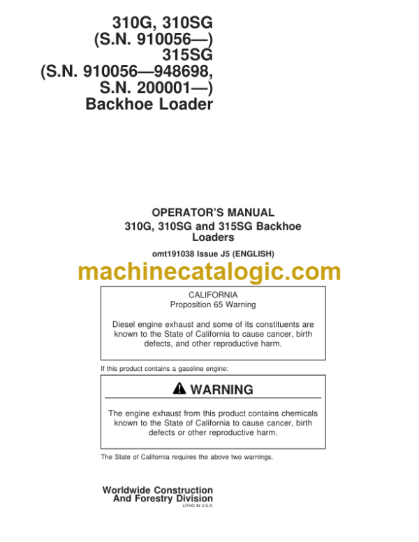 John Deere 310G 310SG 315SG Backhoe Loader Operators Manual (OMT191038)