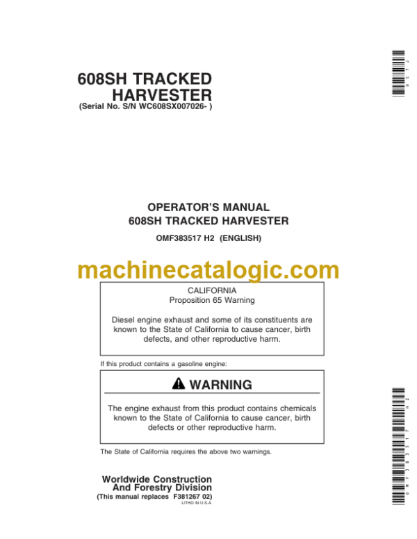 Timberjack 608SH Tracked Harvester Operators Manual (SN WC608SX007026- )