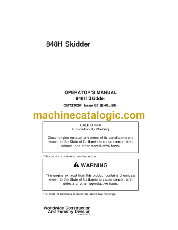 John Deere 848H Skidder Operators Manual (OMT230201)