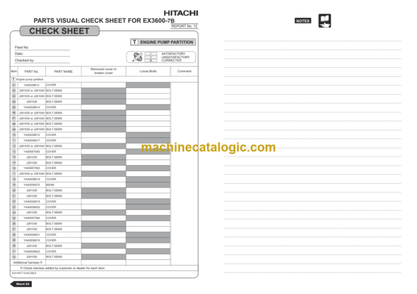 Hitachi EX3600-7B PARTS VISUAL CHECK SHEET (MTU Tier4 Final Engine)