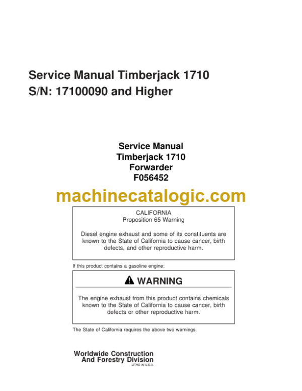 Timberjack 1710 Forwarder Service Manual (SN 17100090 and UP)