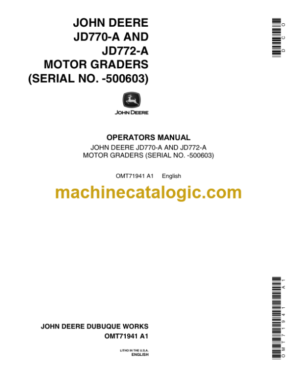 John Deere JD770-A AND JD772-A Motor Graders Operators Manual (OMT71941)