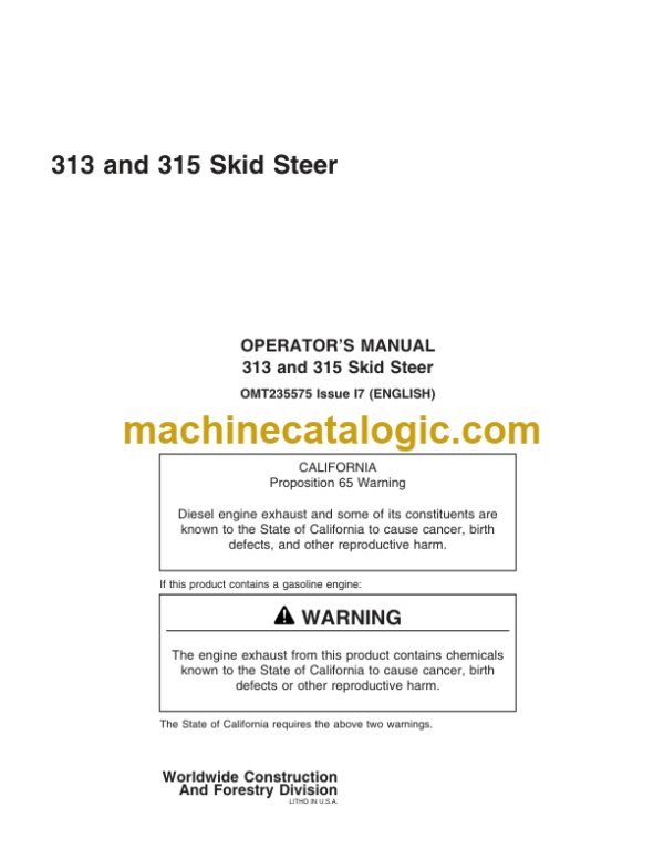 John Deere 313 and 315 Skid Steer Operators Manual (OMT235575)
