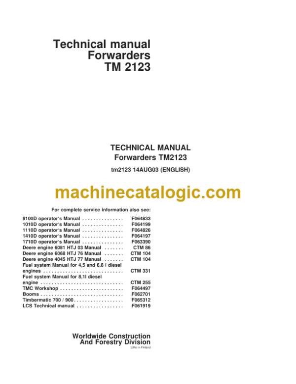 Timberjack TM 2123 Forwarders Technical Manual