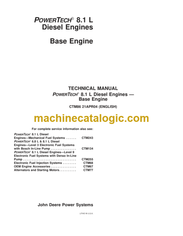 John Deere POWERTECH 8.1 L Diesel Engines Base Engine Technical Manual (CTM86)