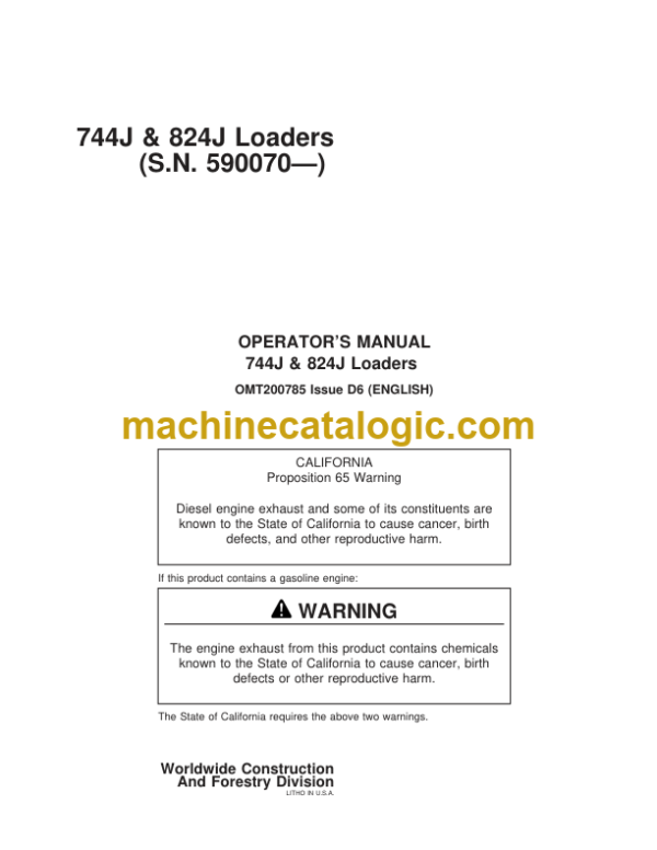 John Deere 744J & 824J Loaders Operators Manual (OMT200785)