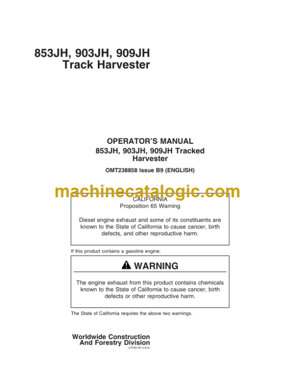 Timberjack 853JH 903JH 909JH Track Harvester Operators Manual