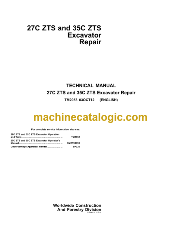 John Deere 27C ZTS and 35C ZTS Excavator Repair Technical Manual (TM2053)
