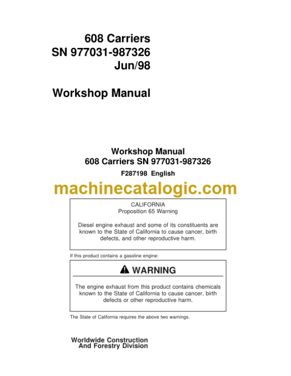 Timberjack Model 608 Carriers Workshop Manual (SN 977031-987326)