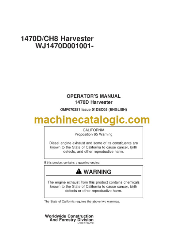 Timberjack 1470D CH8 Harvester Operators Manual