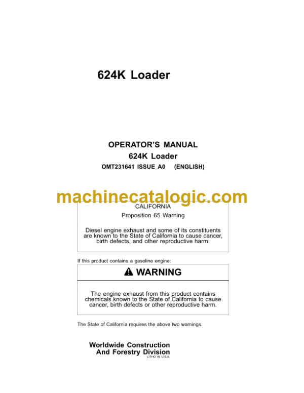 John Deere 624K Loader Operators Manual (OMT231641)