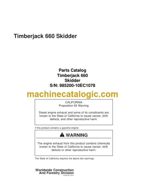 Timberjack 660 Skidder Parts Catalog SN 985200-10EC1078