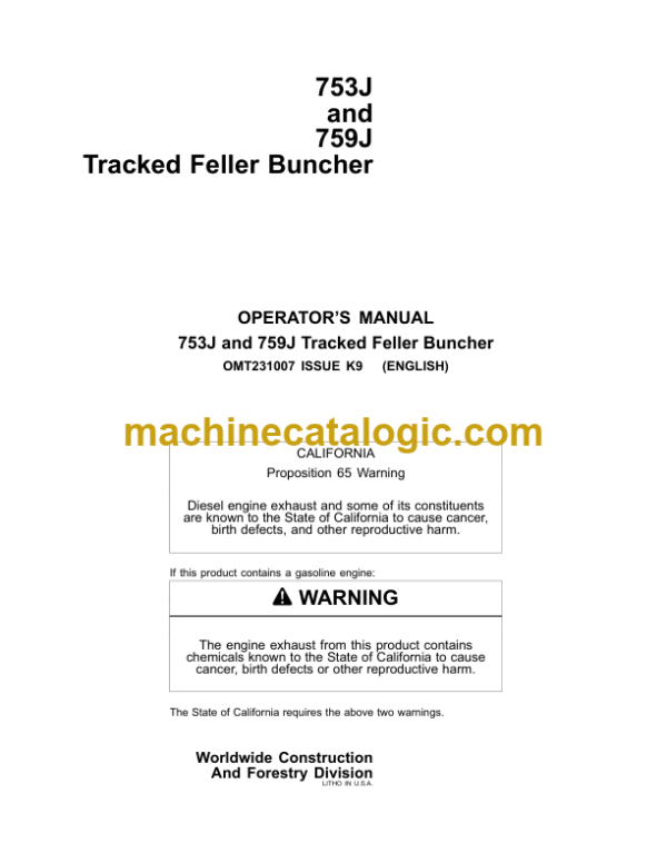 Timberjack 753J and 759J Tracked Feller Buncher Operators Manual