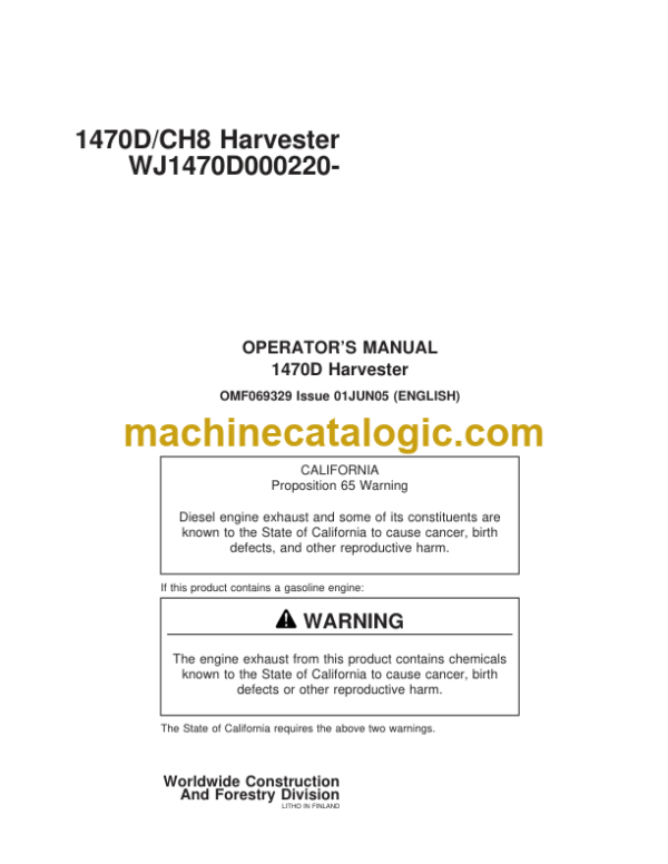 Timberjack 1470 DCH8 Harvester Operators Manual