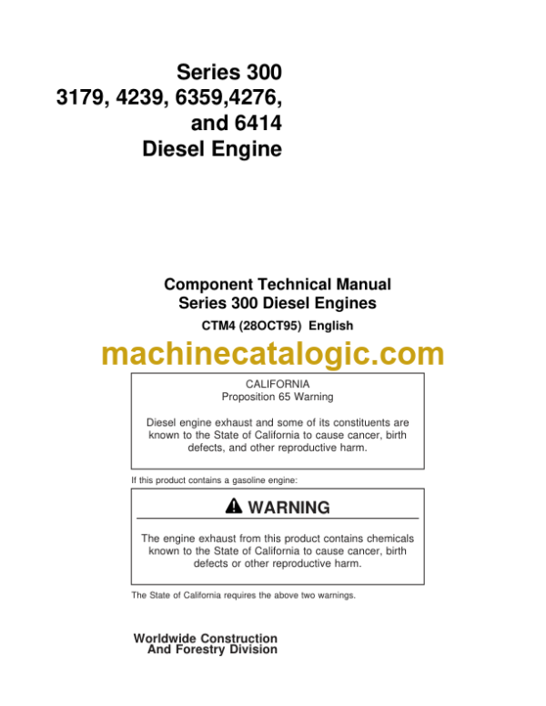 John Deere Series 300 3179 4239 6359 4276 and 6414 Diesel Engine Component Technical Manual (CTM4)