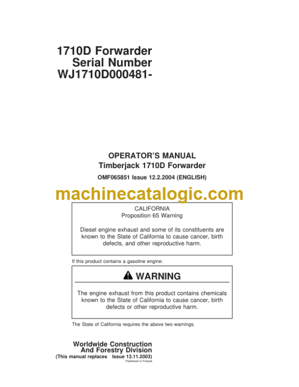 Timberjack 1710D Forwarder Operators Manual
