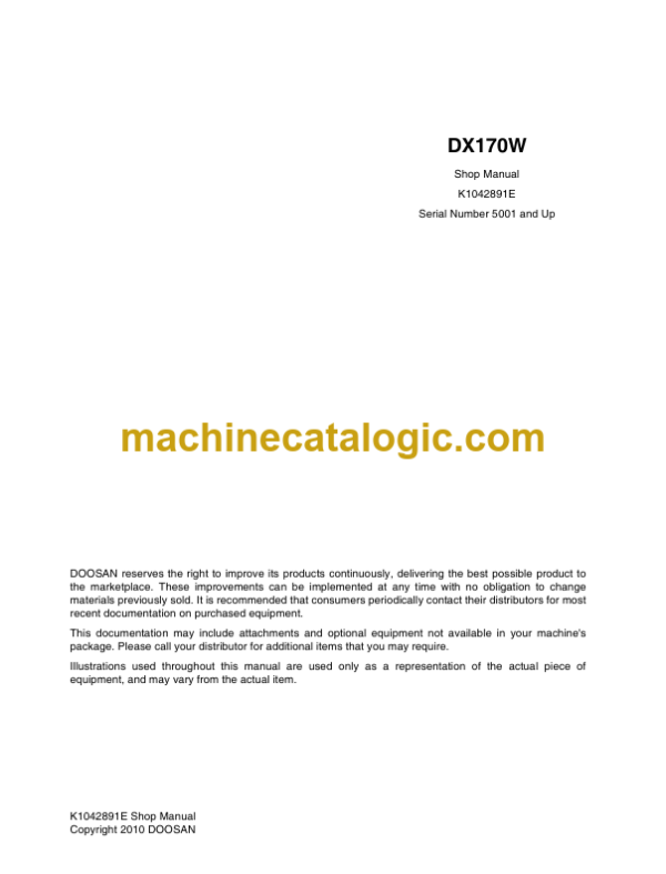 Doosan DX170W Wheel Excavator Shop Manual