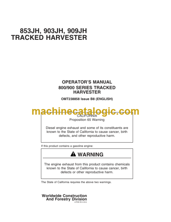 John Deere 853JH 903JH 909JH Tracked Harvester Operators Manual (OMT238858)