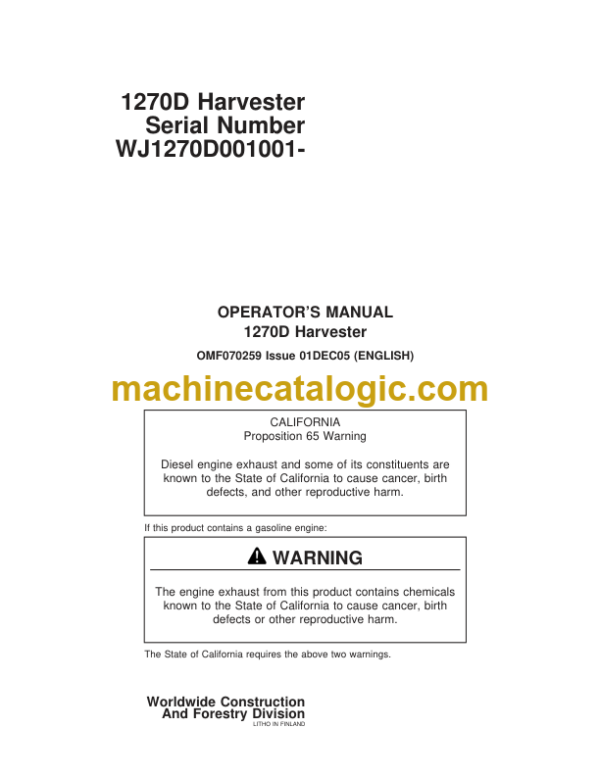 John Deere 1270D Harvester Operator's Manual (SN WJ1270D001001-)