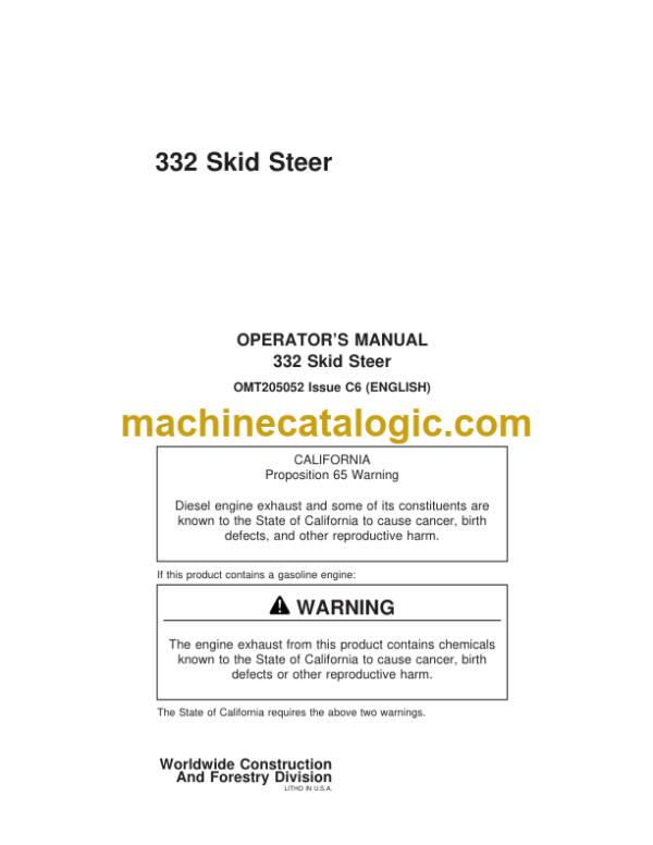 John Deere 332 Skid Steer Operators Manual (OMT205052)
