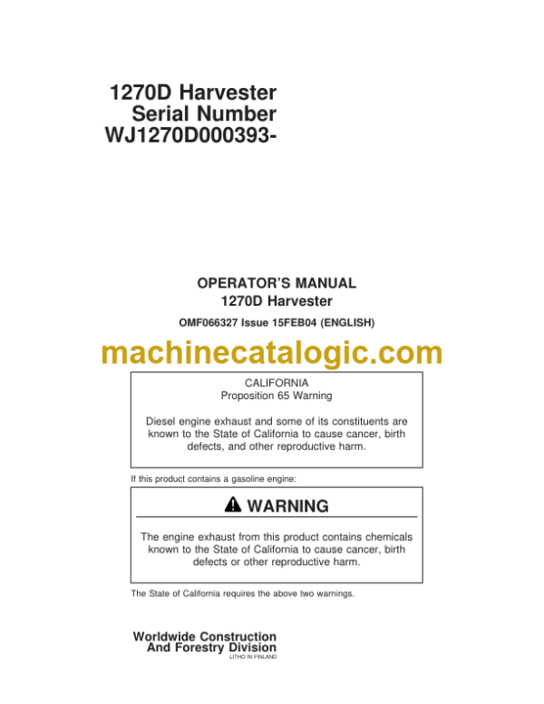 John Deere 1270D Harvester Operator's Manual (SN WJ1270D000393-)