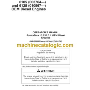 John Deere POWERTECH 10.5 L & 12.5 L 6105 and 6125 OEM Diesel Engines Operators Manual (OMRG29968)