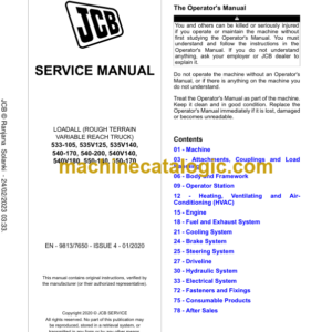 JCB Loadall T4F Loadall 10.5m and above Lift Arm (T4F Euro) Service Manual