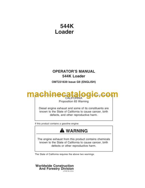 John Deere 544K Loader Operators Manual (OMT231639)