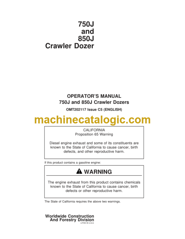 John Deere 750J and 850J Crawler Dozer Operators Manual (OMT202117)