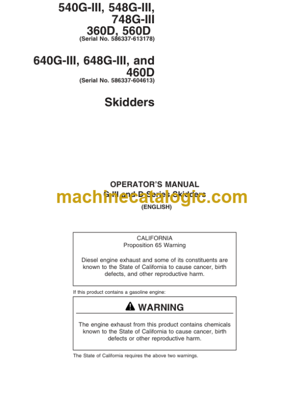 Timberjack 540G-III 548G-III 748G-III 360D 560D 640G-III 648G-III and 460D Skidders Operator Manual