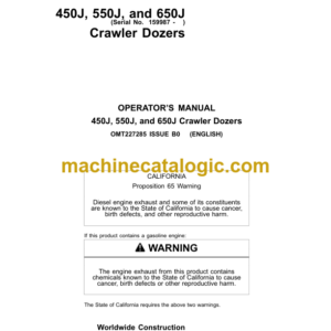 John Deere 450J 550J and 650J Crawler Dozers Operators Manual (OMT227285)