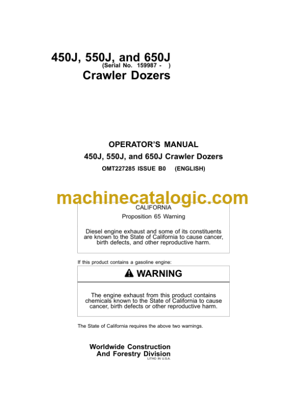 John Deere 450J 550J and 650J Crawler Dozers Operators Manual (OMT227285)
