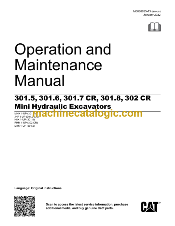 Caterpillar 301.5 301.6 301.7 CR 301.8 302 CR Mini Hydraulic Excavators Operation and Maintenance Manual 2022