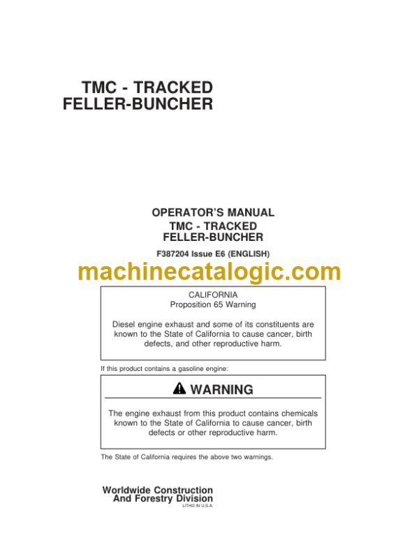 John Deere TMC - Tracked Feller Buncher Operators Manual (F387204)