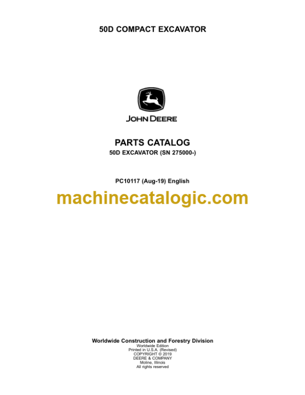 John Deere 50D COMPACT EXCAVATOR Parts Catalog (PC10117)