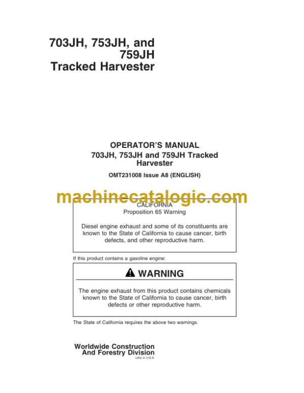 John Deere 703JH 753JH and 759JH Tracked Harvester Operators Manual (OMT231008)