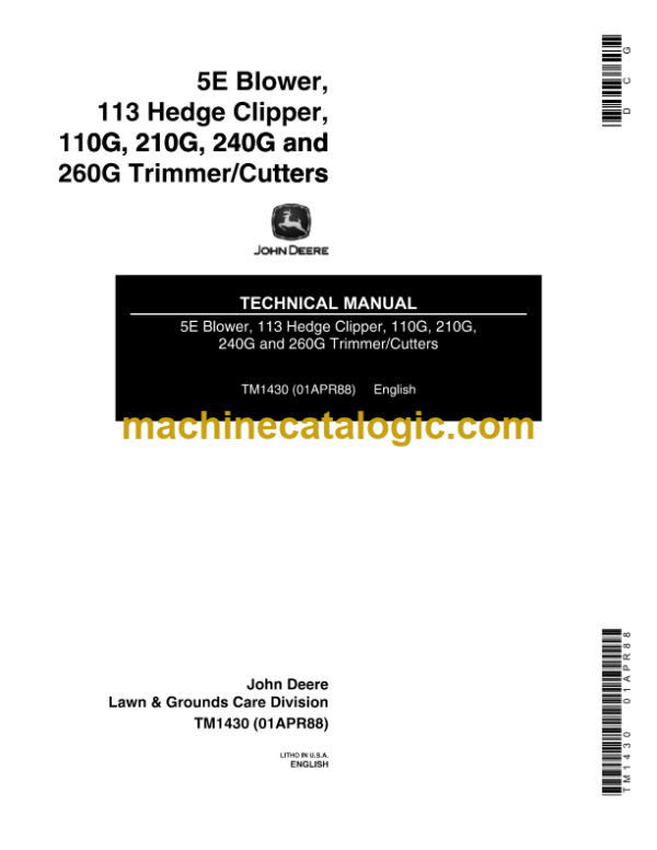 John Deere 5E Blower 113 Hedge Clipper 110G 210G 240G and 260G Trimmer Cutters Technical Manual (TM1430)