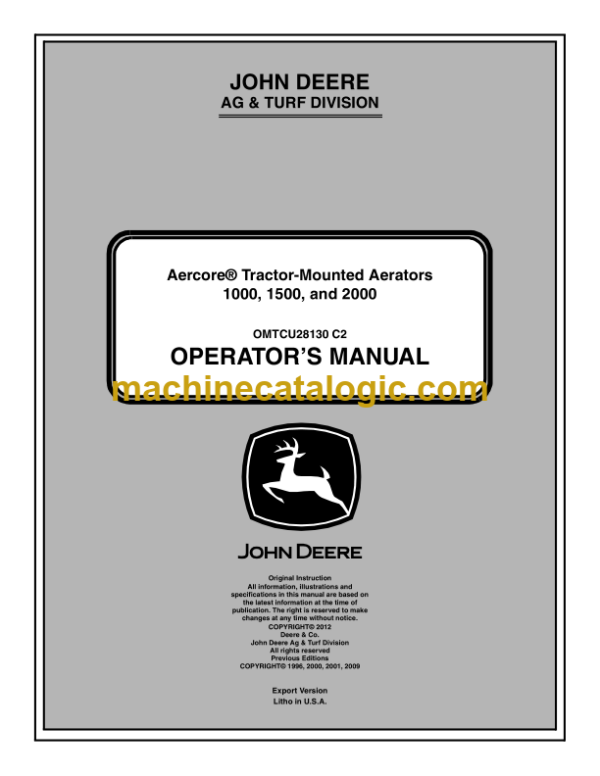 John Deere 1000, 1500, and 2000 Aercore Tractor-Mounted Aerators Operator's Manual (OMTCU28130)