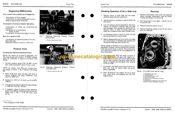 John Deere 1640, 1840, 2040 and 2040s Tractors Technical Manual (TM4363)