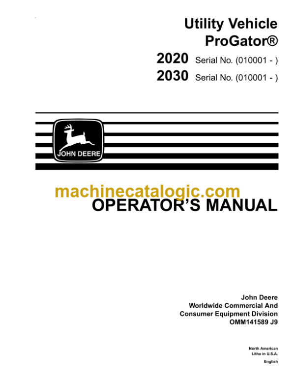 John Deere 2020 2030 Utility Vehicle ProGator Operator's Manual (OMM141589J9)