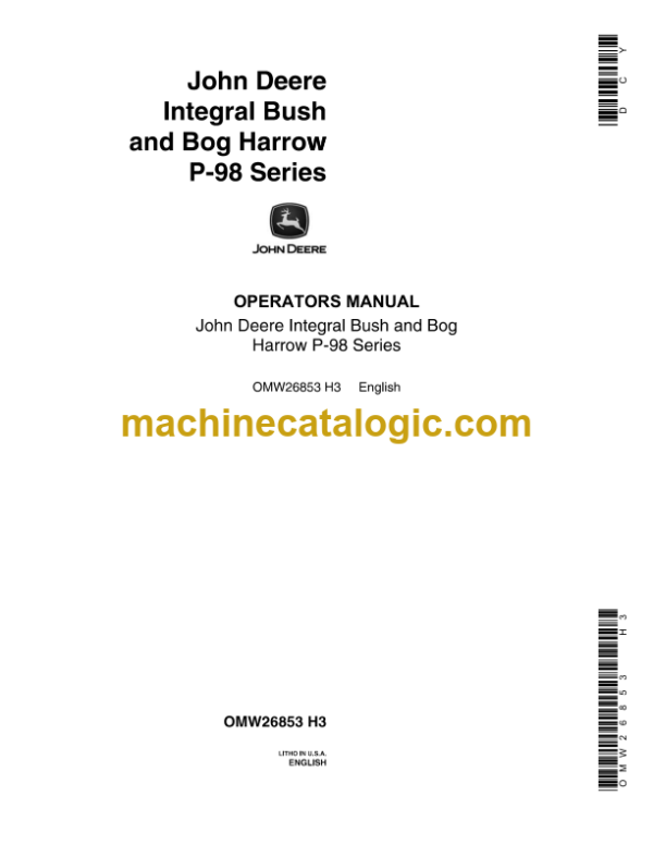 John Deere P-98 Series Integral Bush and Bog Harrow Operator's Manual (OMW26853)