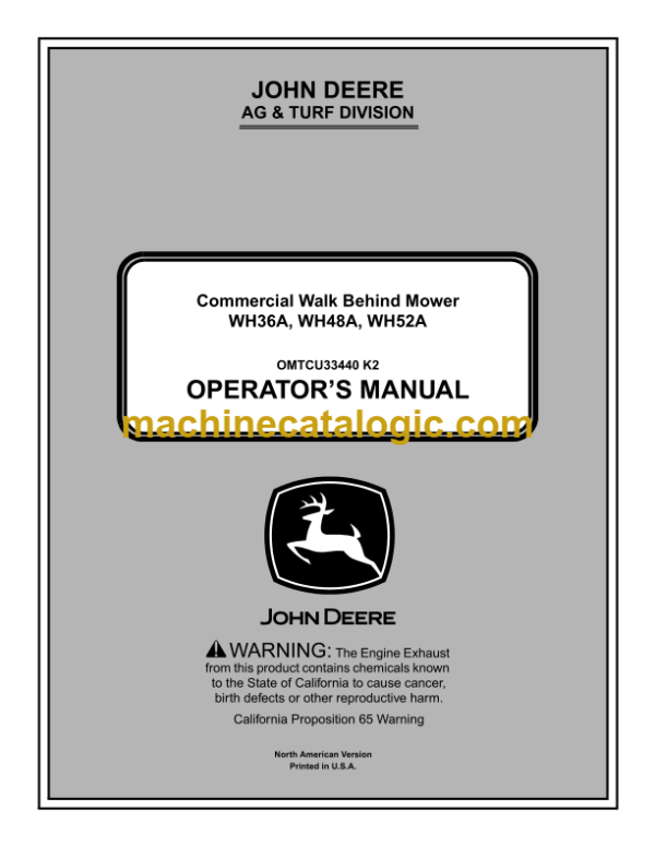 John Deere WH36A, WH48A, WH52A Commercial Walk Behind Mower Operator's Manual (OMTCU33440_K2)