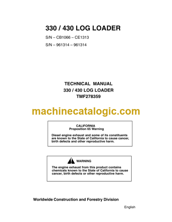 John Deere 330 430 Log Loader Technical Manual (TMF278359)