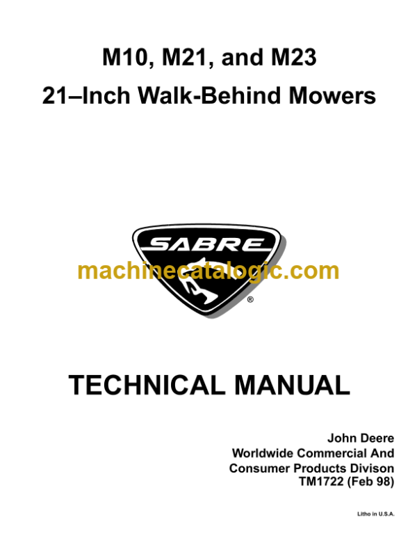 John Deere M10 M21 and M23 21inch Walk-Behind Mowers Technical Manual (TM1722)